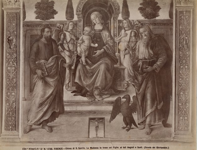 Alinari, Fratelli — Firenze. Chiesa di S. Spirito. La Madonna in trono col Figlio, ai lati Angioli e Santi. (Scuola dei Ghirlandaio) — insieme